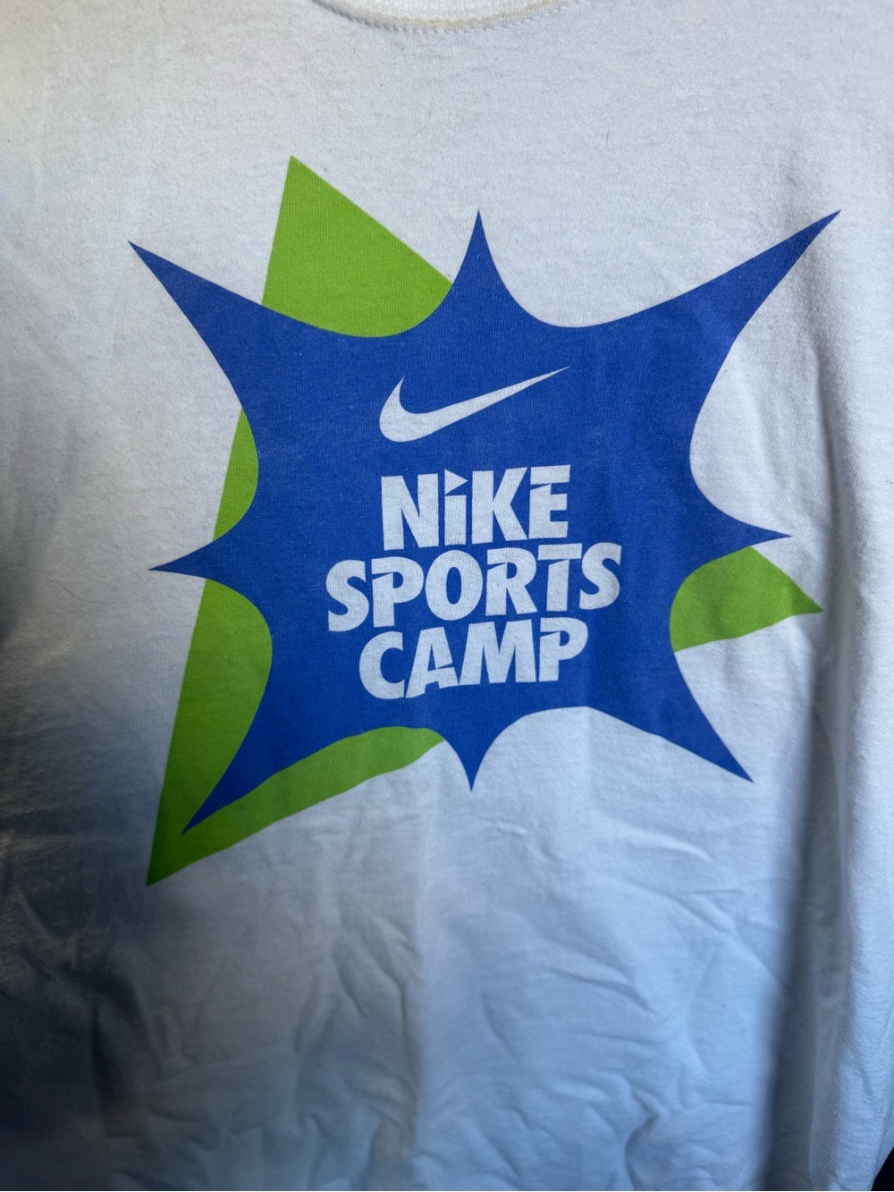 Vintage Nike White Tee with Blue and Green Burst Logo